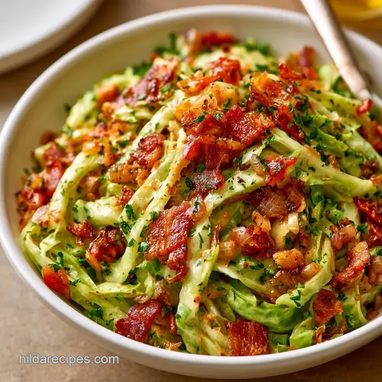 Soft, pale green cabbage leaves topped with crispy brown bacon bits, served on a minimalist white ceramic plate.