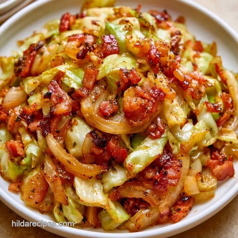 Tender, pale green cabbage and caramelized onions served in a white bowl with a garnish of crispy bacon crumbles.