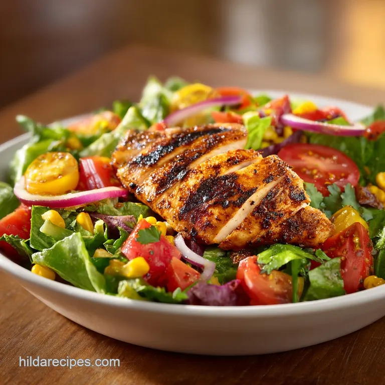Grilled chicken slices atop mixed greens, showcasing the salad's vibrant mix of colors, textures and the creamy drizzle of...
