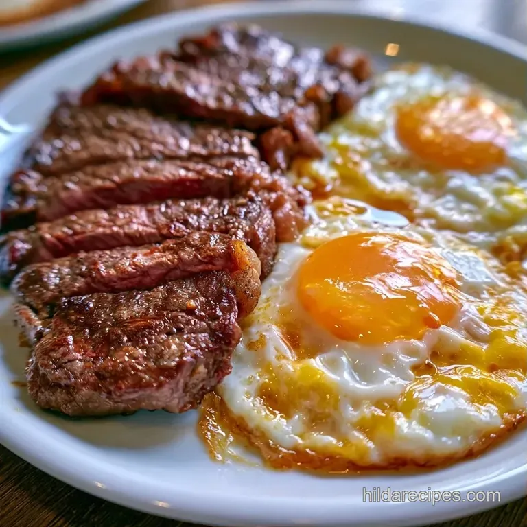 Neatly sliced seared beef and glistening sunny-side-up eggs arranged on a matte black plate with fresh herbs.