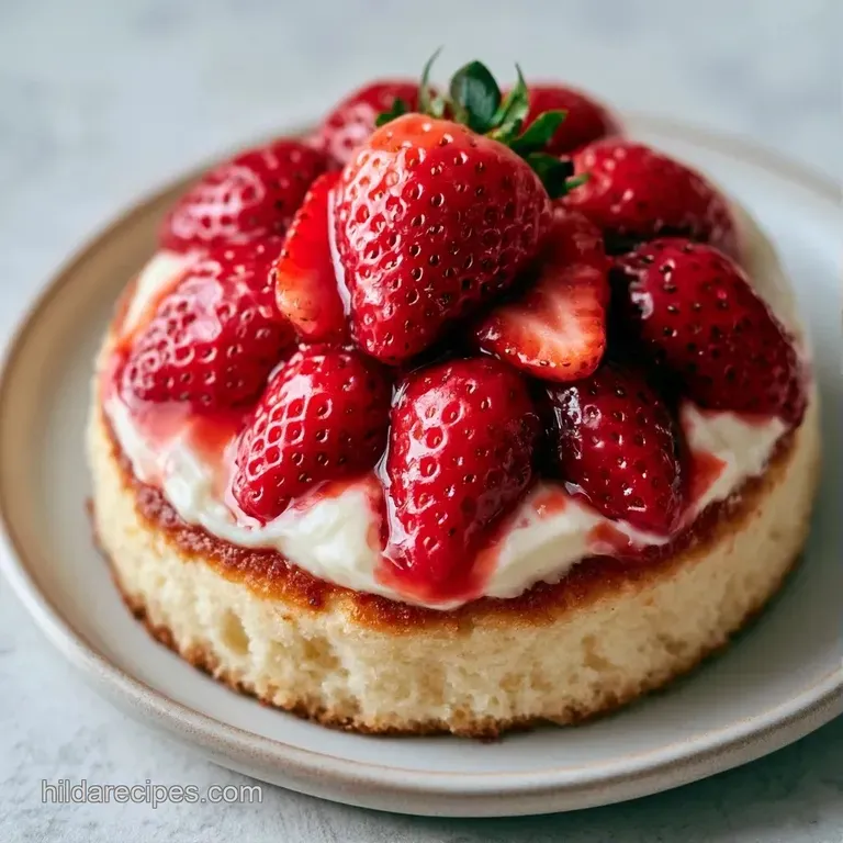 A fluffy white cake slice paired with vibrant red sliced strawberries and a dollop of whipped cream on a ceramic plate.