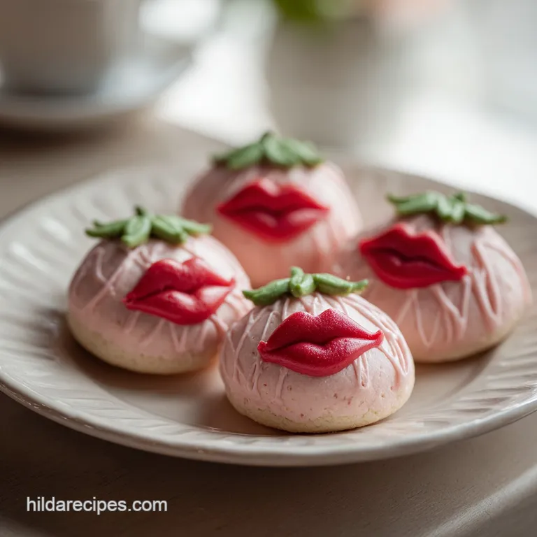 Three delicate strawberry kiss cookies, a sprinkle of powdered sugar, on a white plate.