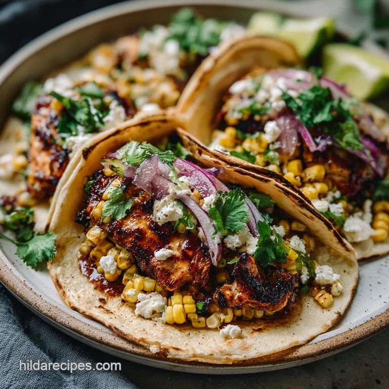 Beautifully plated taco filled with juicy chicken and grilled corn, drizzled with creamy sauce. Cilantro sprig adds freshn...