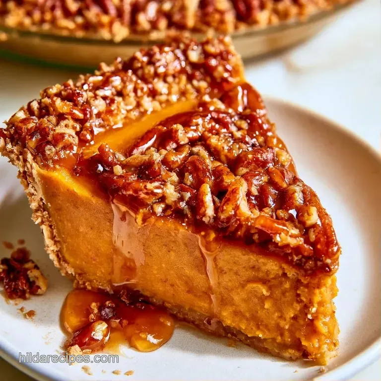 Elegant slice of smooth orange custard topped with caramelized pecans on a white ceramic plate with fresh cream.