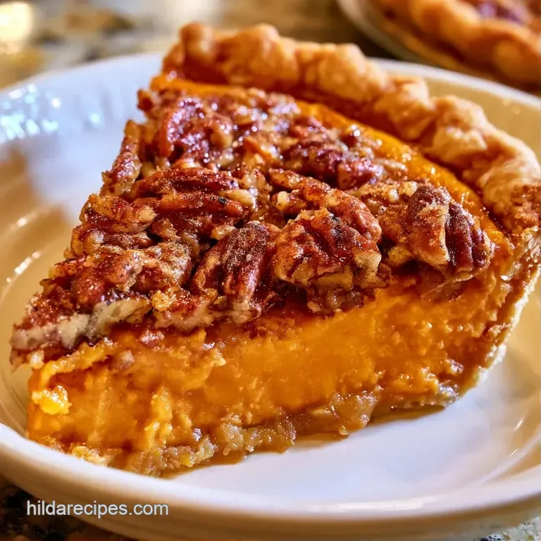 Creamy orange pie slice with a crunchy pecan topping and a swirl of white whipped cream on a marble surface.