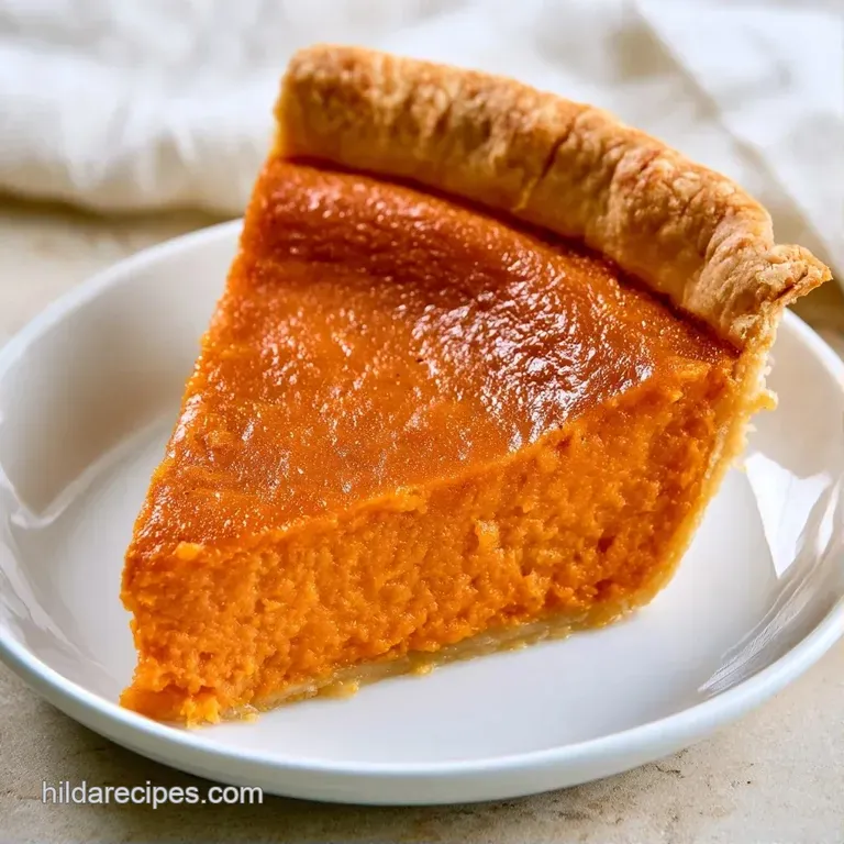 A precise slice of deep orange custard on a ceramic plate, topped with a cloud of whipped cream and cinnamon dust.