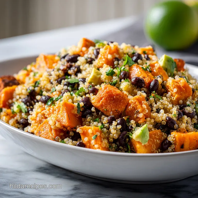 A stylish plate filled with earthy quinoa, black beans, and caramelized sweet potatoes, garnished with fresh green herbs.