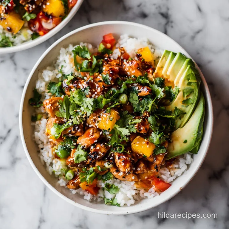 Artfully arranged poke bowl with glistening teriyaki chicken, creamy avocado, and a sprinkle of sesame seeds.