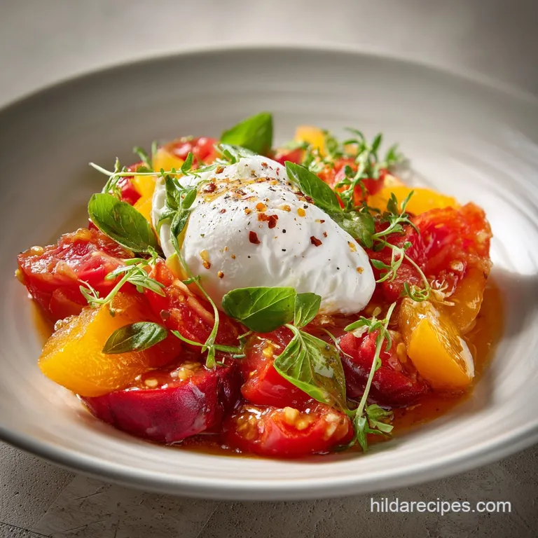 Elegant salad plate with vibrant peach slices, creamy burrata, bright red tomatoes, and fresh basil, glistening with oil.