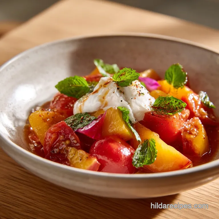 Tomato Peach and Burrata Salad
