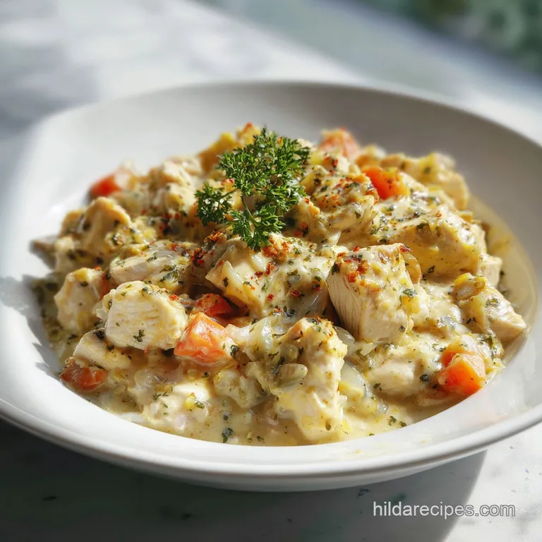 Elegant plate with creamy Turkey a la King over toasted bread. Garnish of parsley sprig adds freshness and color.