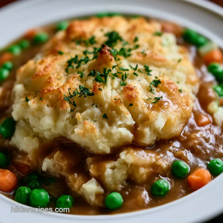A hearty portion of creamy potato and turkey bake on a white plate, topped with melted cheese and chopped herbs.