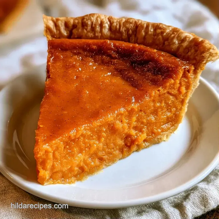 Elegant slice of smooth orange custard pie topped with a swirl of whipped cream and a dusting of cinnamon.
