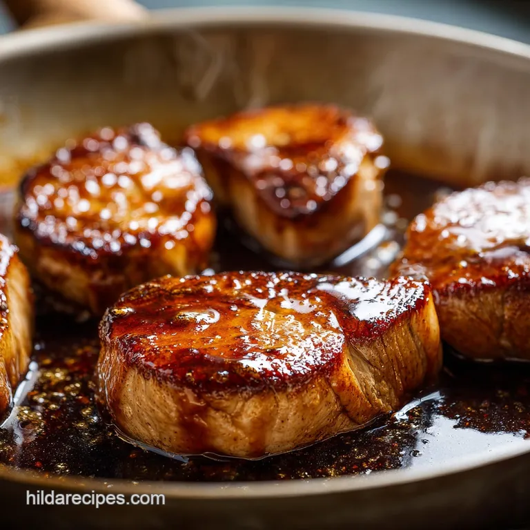 Silky demi-glace drizzled elegantly over a perfectly seared steak. Rich, dark sauce contrasts beautifully with the meat's ...