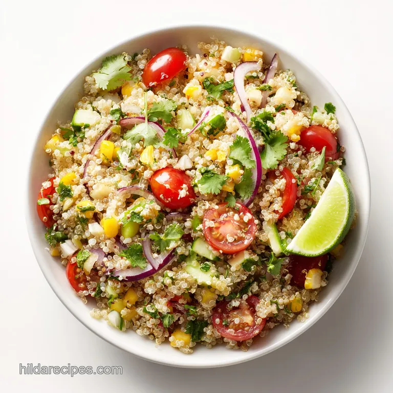 Elegant bowl of fluffy quinoa salad, topped with fresh cilantro, a lime wedge, and vibrant ribbons of bell pepper.