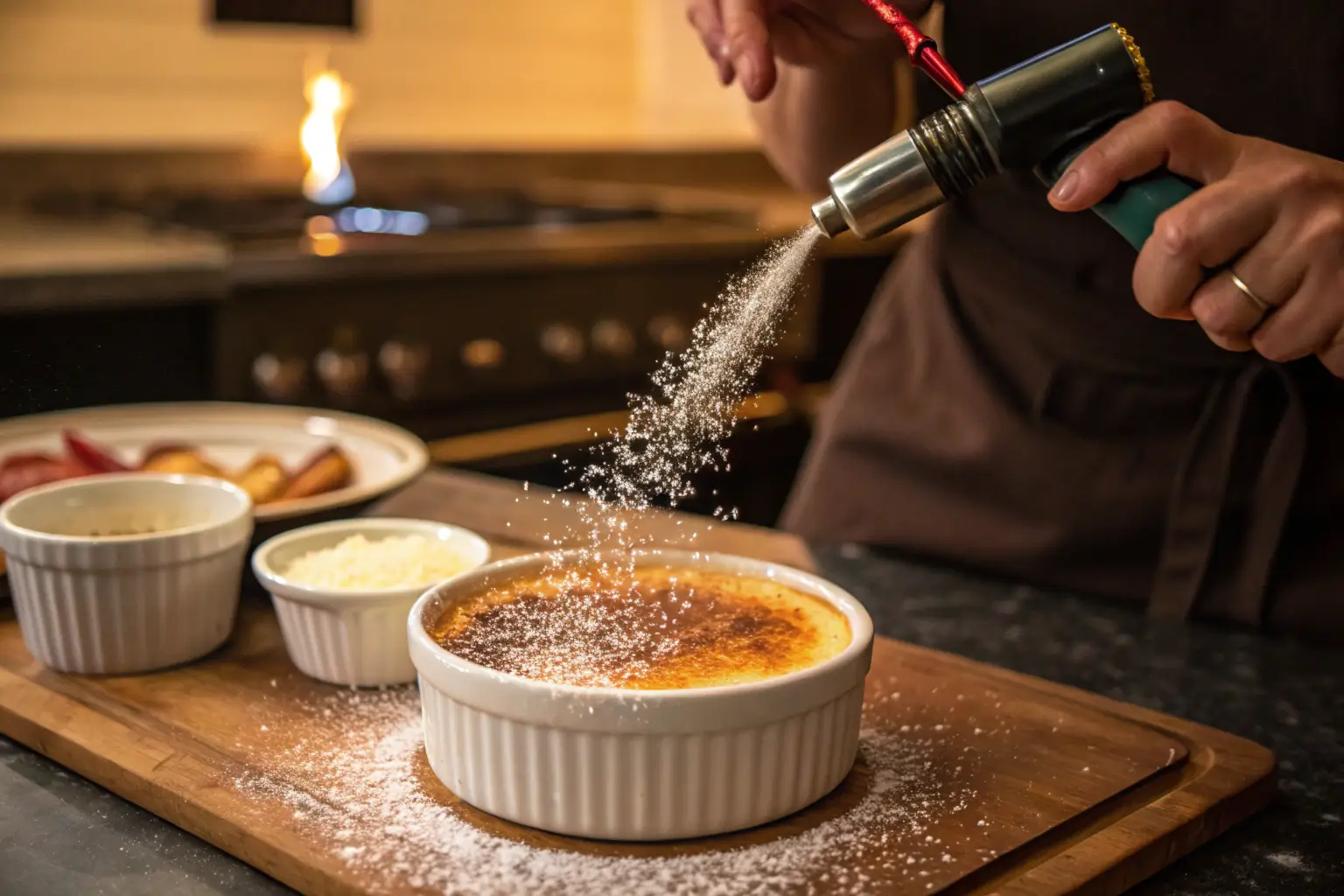 Caramelizing Sugar on Crème Brûlée with a Kitchen Torch