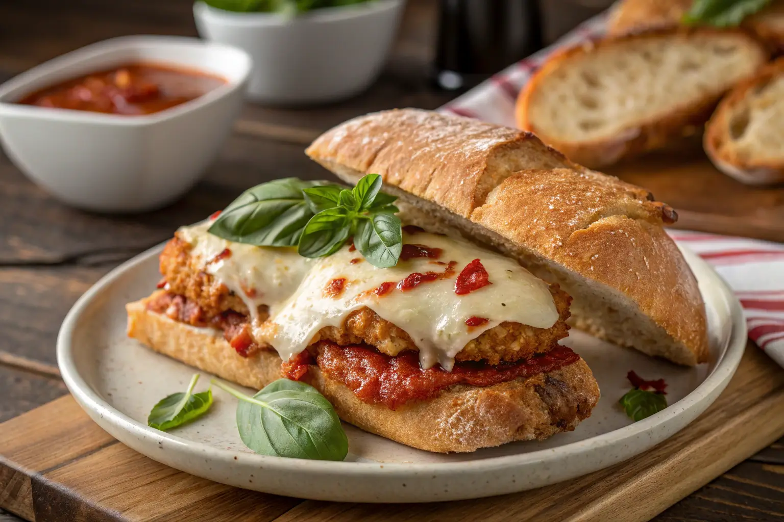 A crispy Chicken Parm Sandwich with melted mozzarella cheese, marinara sauce, and fresh basil on a wooden table.