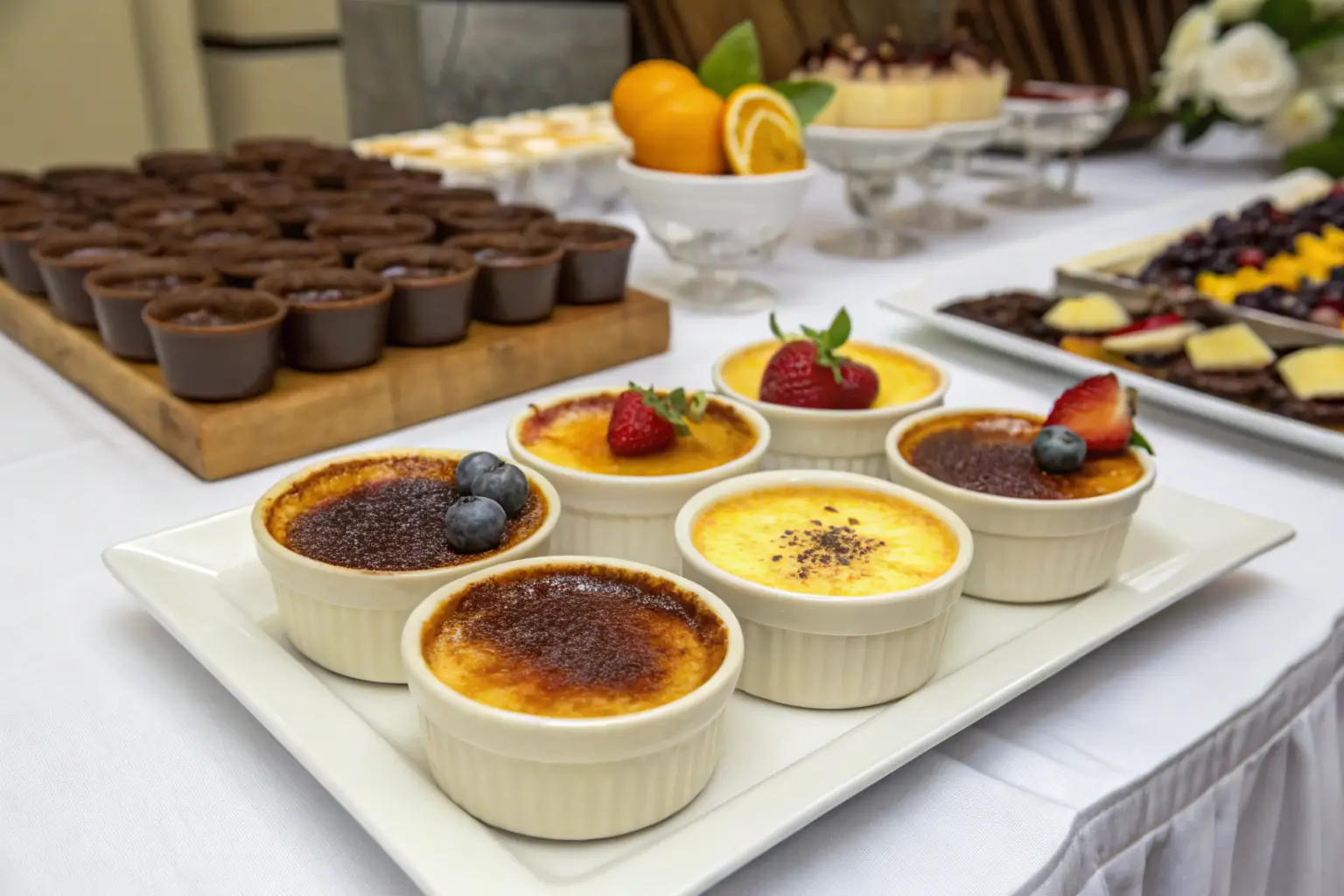 Flavored Crème Brûlée and Custard Arranged on a Dessert Table