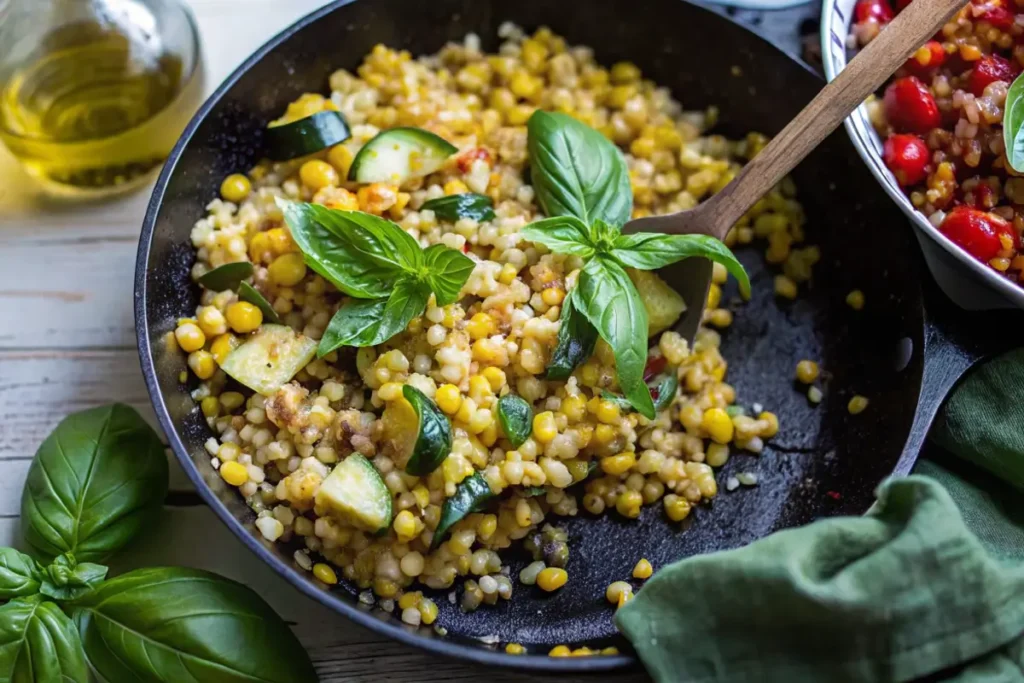 a pan of Fregola Pasta with a spoon