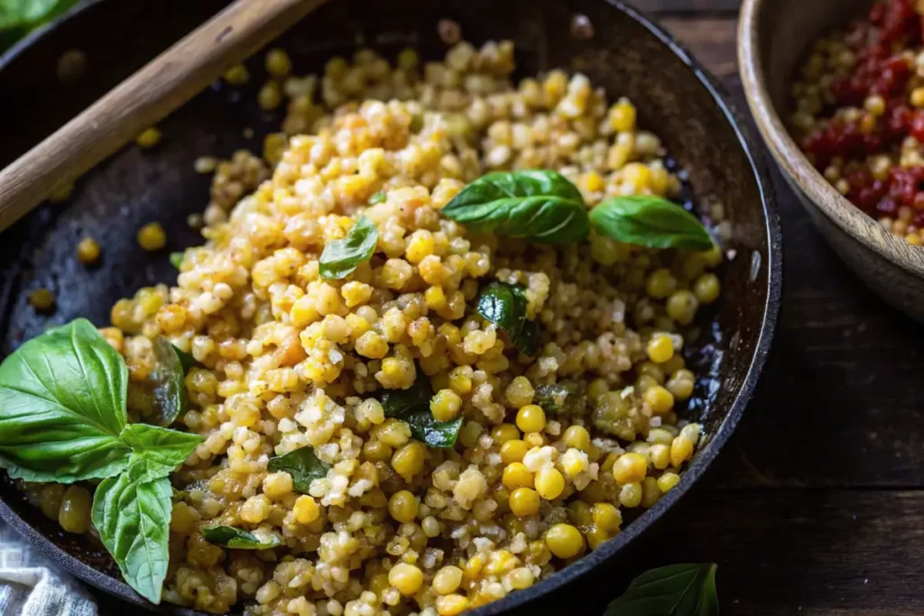 a bowl of Fregola Pasta with a spoon