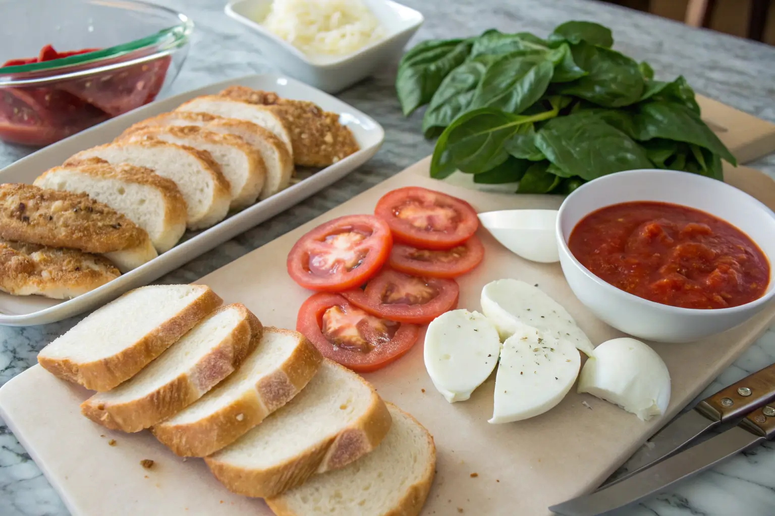 A flat lay of ingredients for a Chicken Parm Sandwich including chicken breasts, breadcrumbs, marinara sauce, mozzarella, parmesan, and crusty bread.