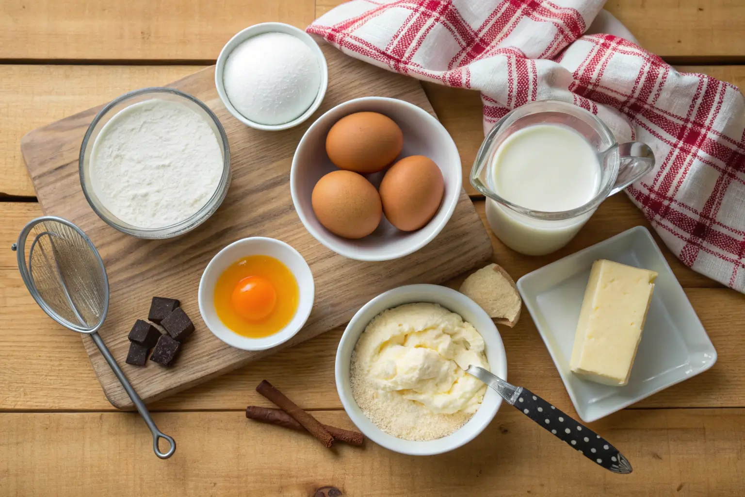 Ingredients for Crème Brûlée and Custard on a Wooden Counter