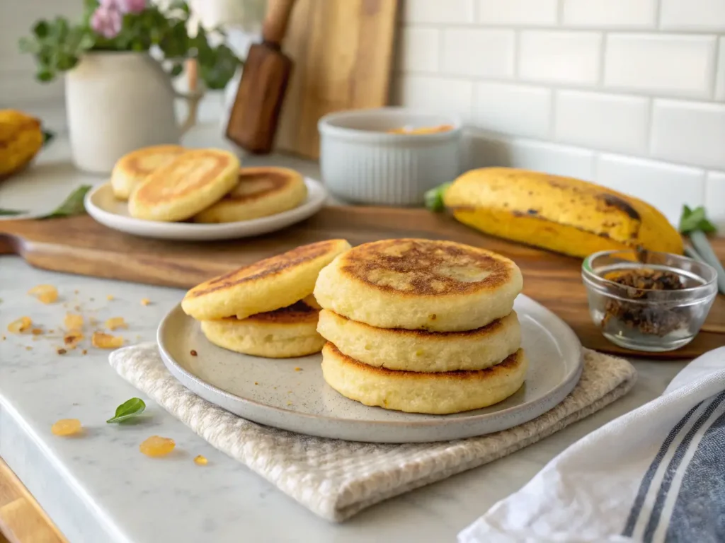 Homemade make arepas with two ingredients on a modern kitchen countertop