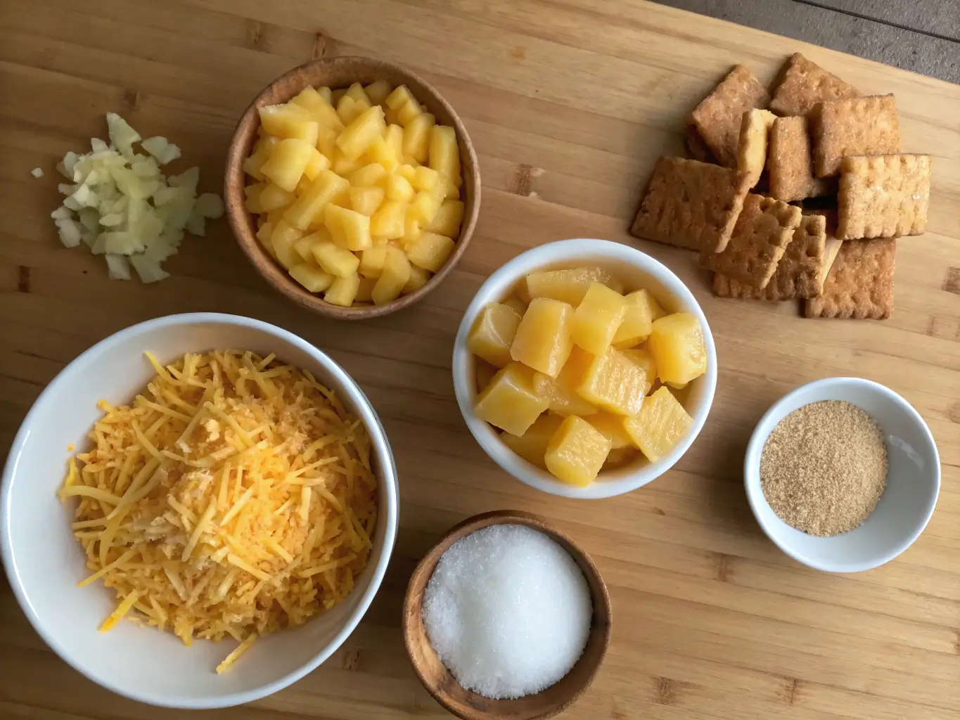 Ingredients for Pineapple Casserole including pineapple, cheddar cheese, crackers, brown sugar, and butter.