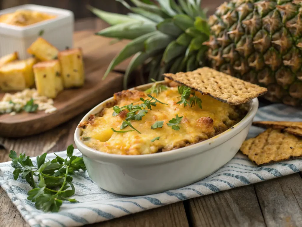 Homemade Pineapple Casserole on a kitchen countertop with pineapple, cheese, butter, and breadcrumbs