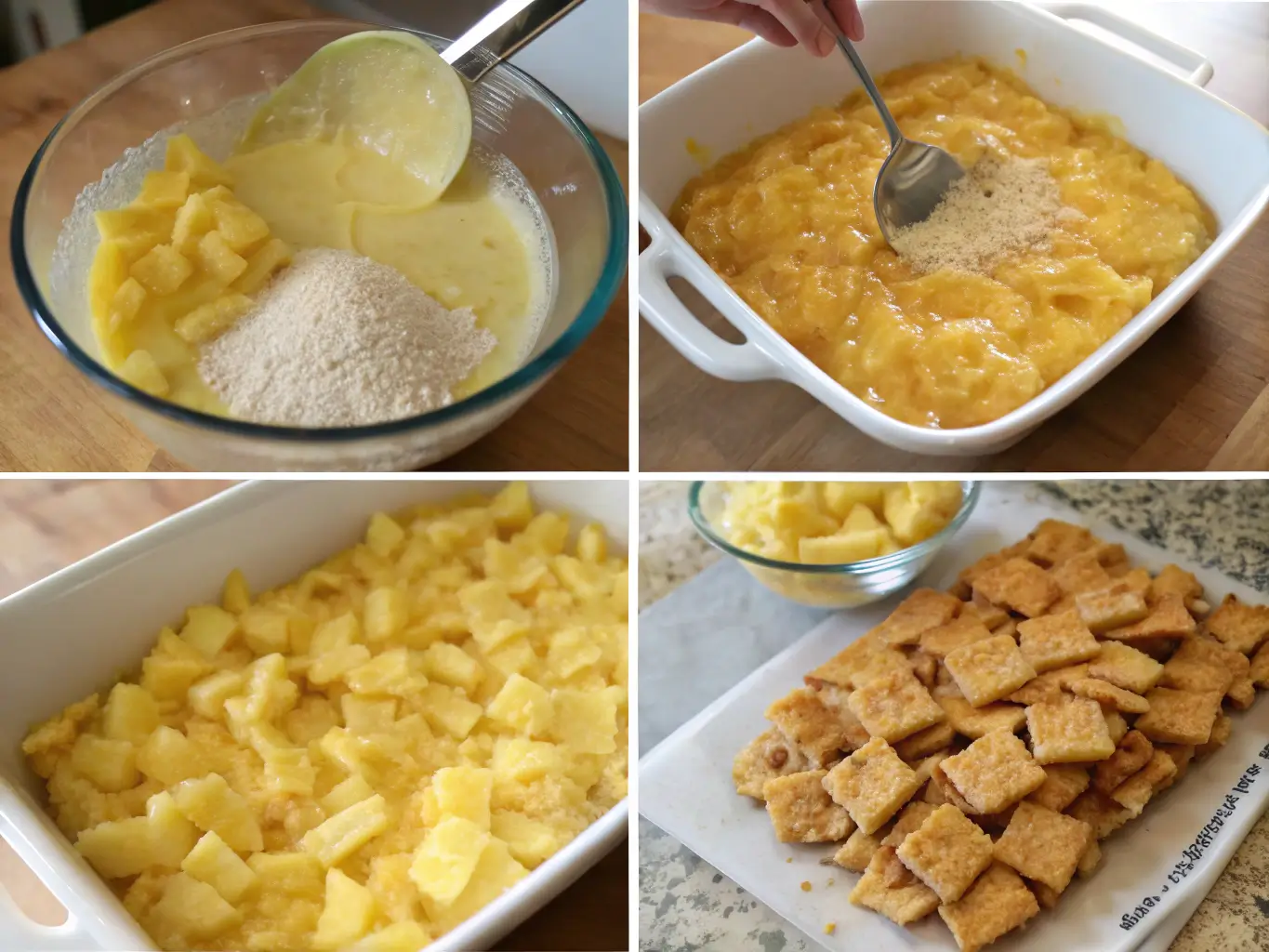 Step-by-step preparation of Pineapple Casserole, including mixing ingredients, adding butter, and topping with crackers.