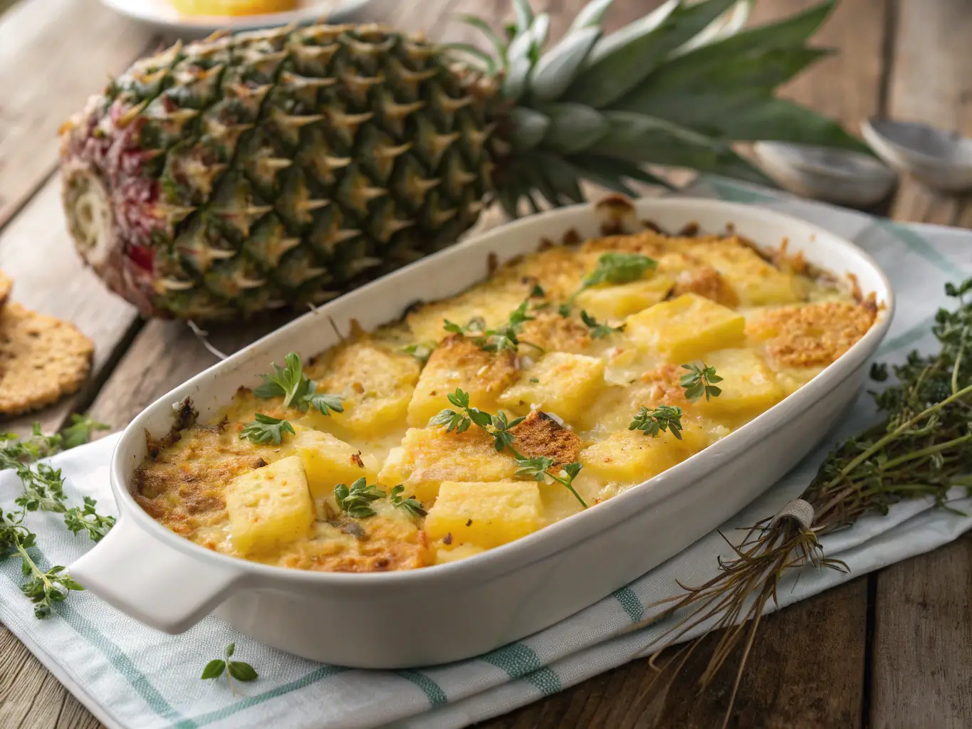 Finished Pineapple Casserole served with a golden topping of crackers and melted cheese on a rustic table.