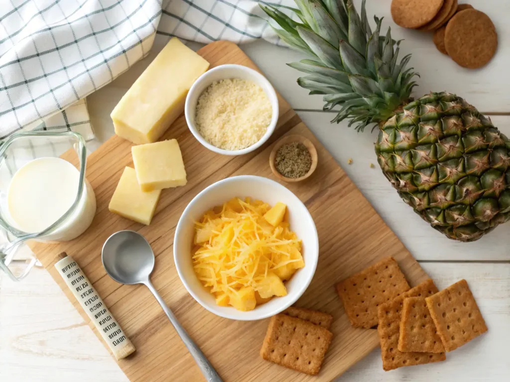 Ingredients for Pineapple Casserole Recipe laid out on a kitchen countertop, including pineapple chunks, shredded cheese, butter, and crackers.