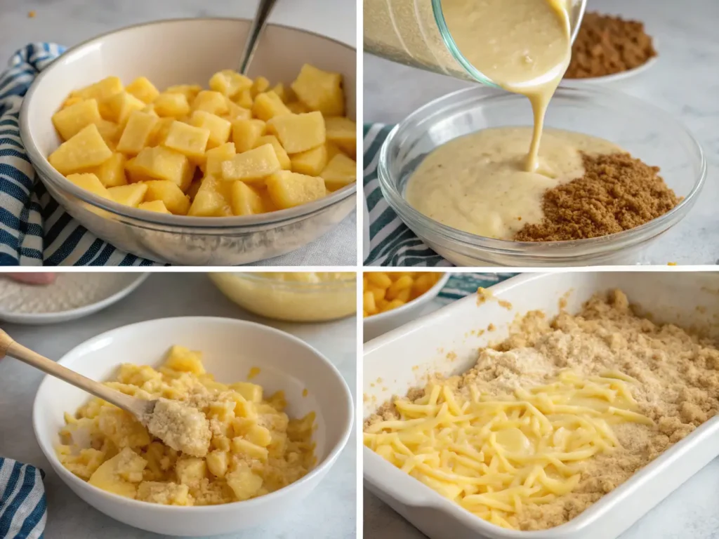 Step-by-step process of making Pineapple Casserole Recipe, from mixing ingredients to baking.