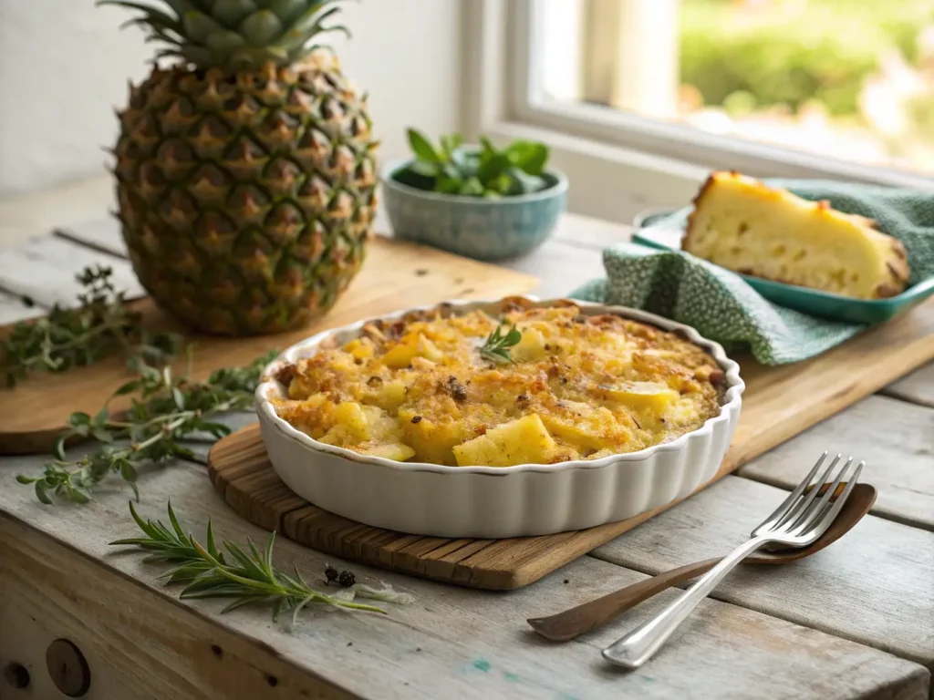 Beautifully baked Pineapple Casserole Recipe with a crispy topping, served on a rustic table.