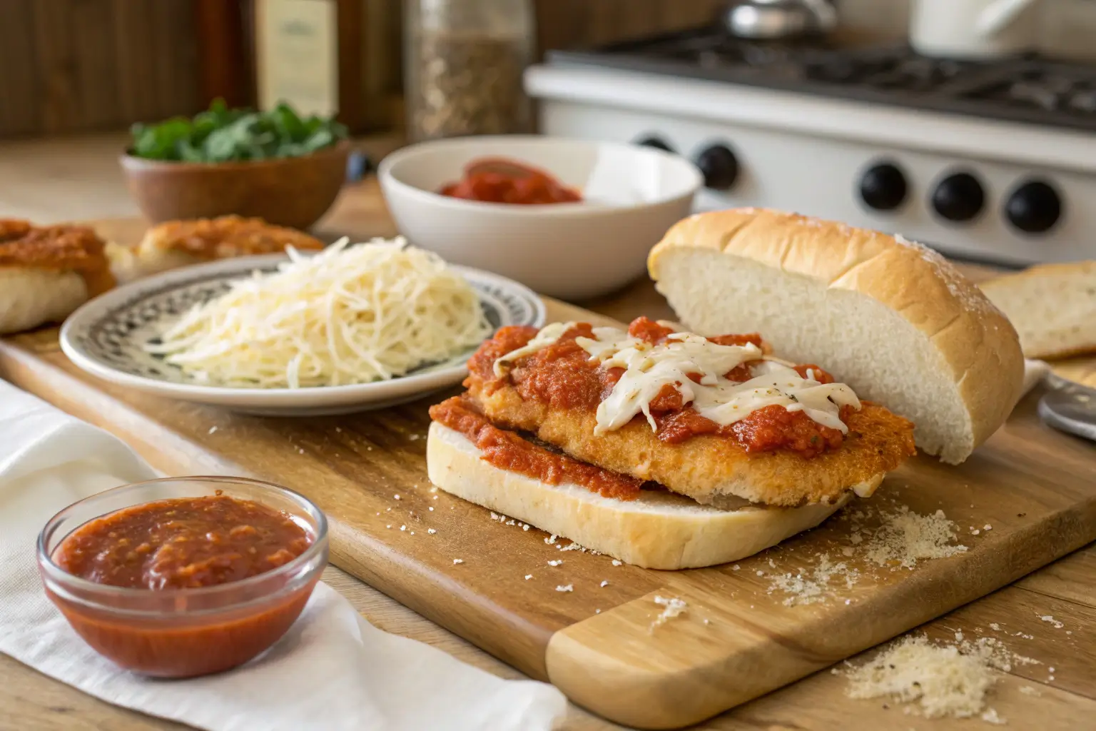 Hands breading chicken for a Chicken Parm Sandwich with marinara sauce and melted cheese in the background.