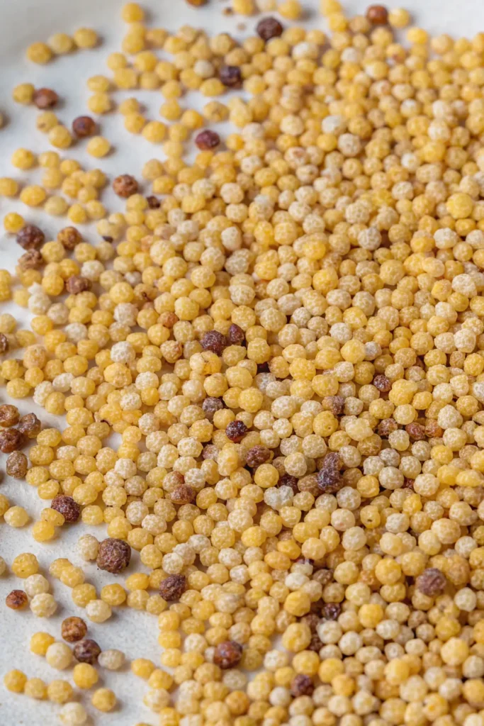 Pasta Fregola with pile of small round yellow and brown balls