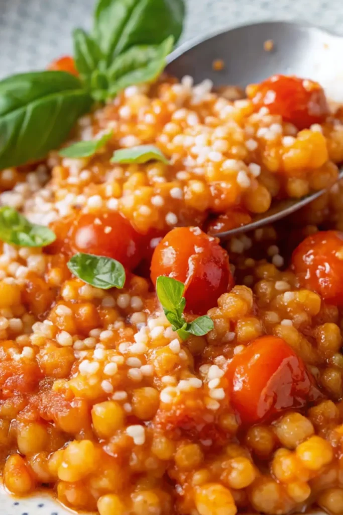 a bowl of Pasta Fregola with a spoon