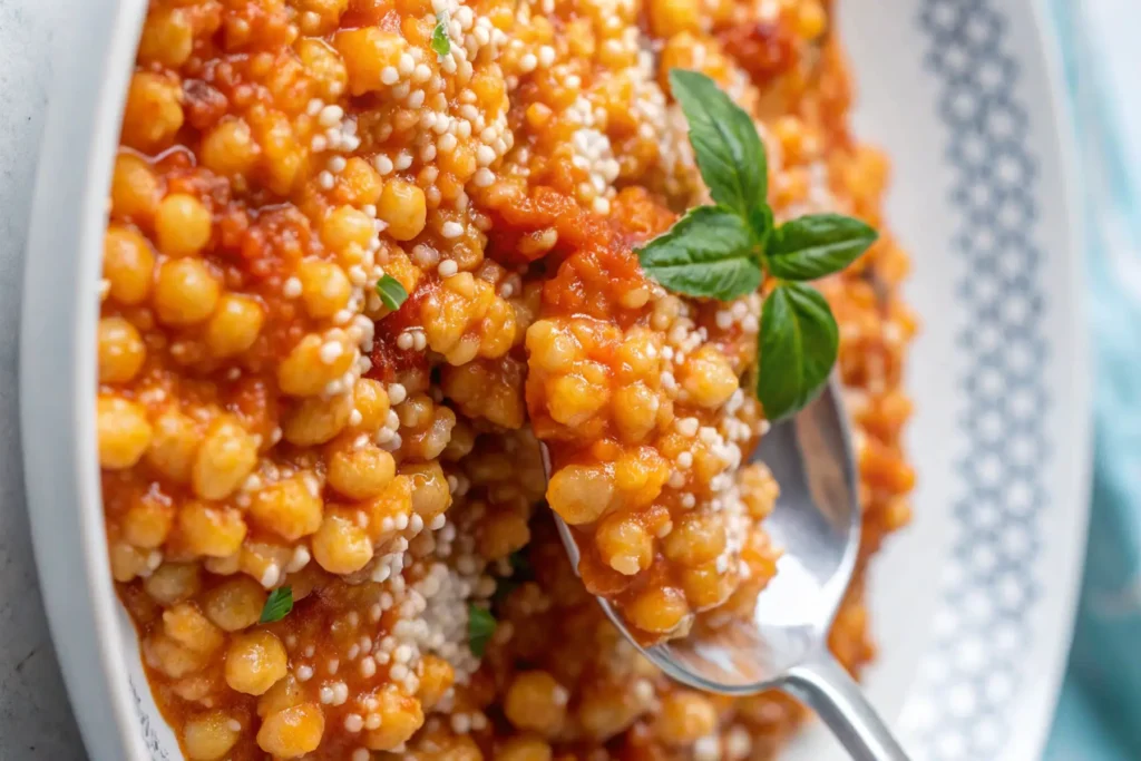 a spoon in a bowl of Pasta Fregola