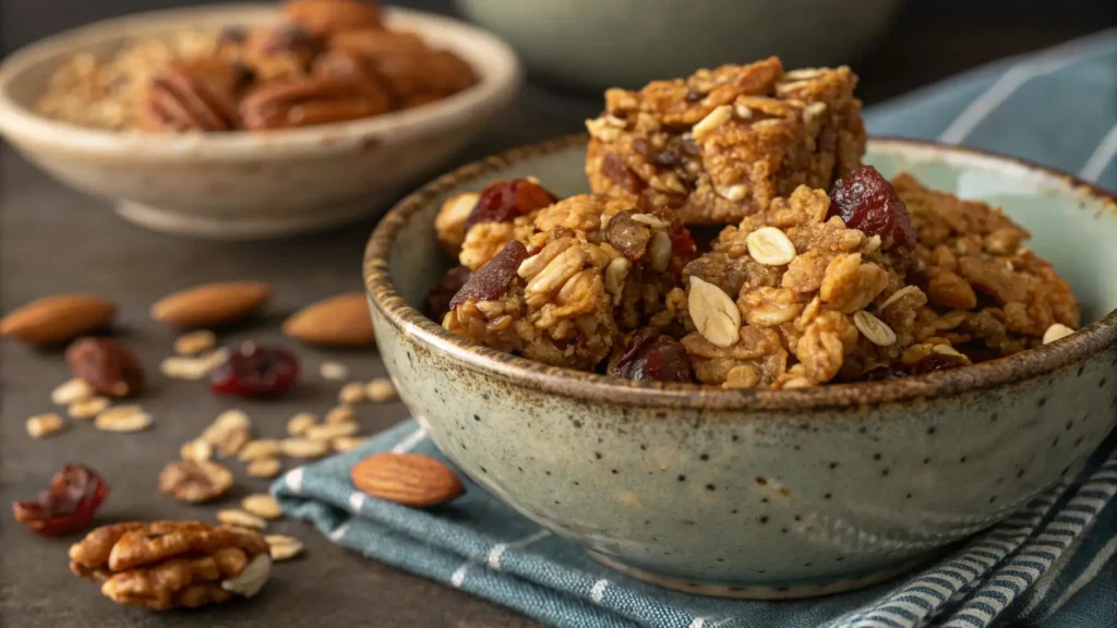 Granola clumping together with honey and oats