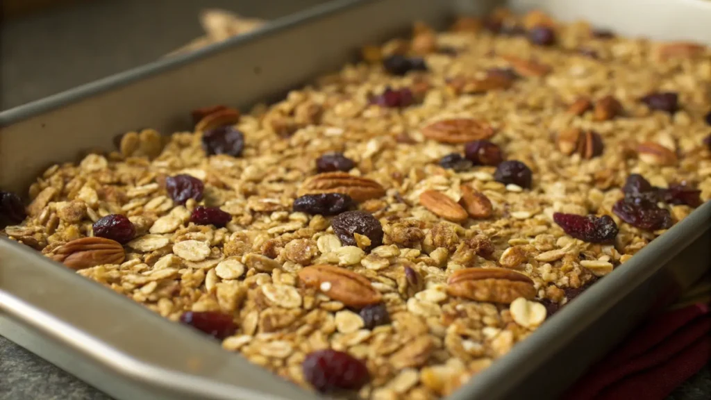 Granola pressed on baking sheet for clumping
