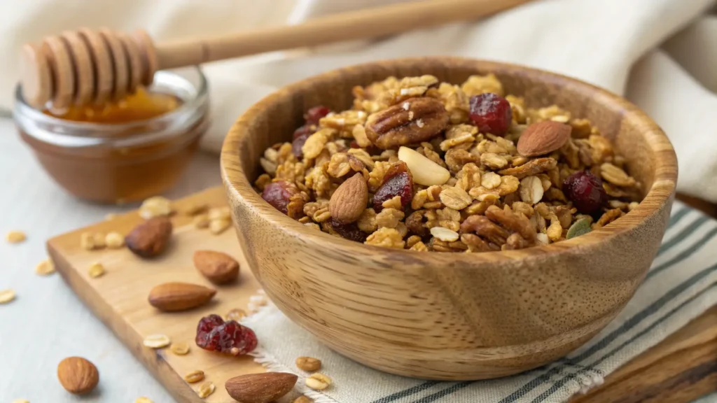 Granola in a wooden bowl with crispy, clumpy texture, showcasing oats, nuts, and honey drizzles