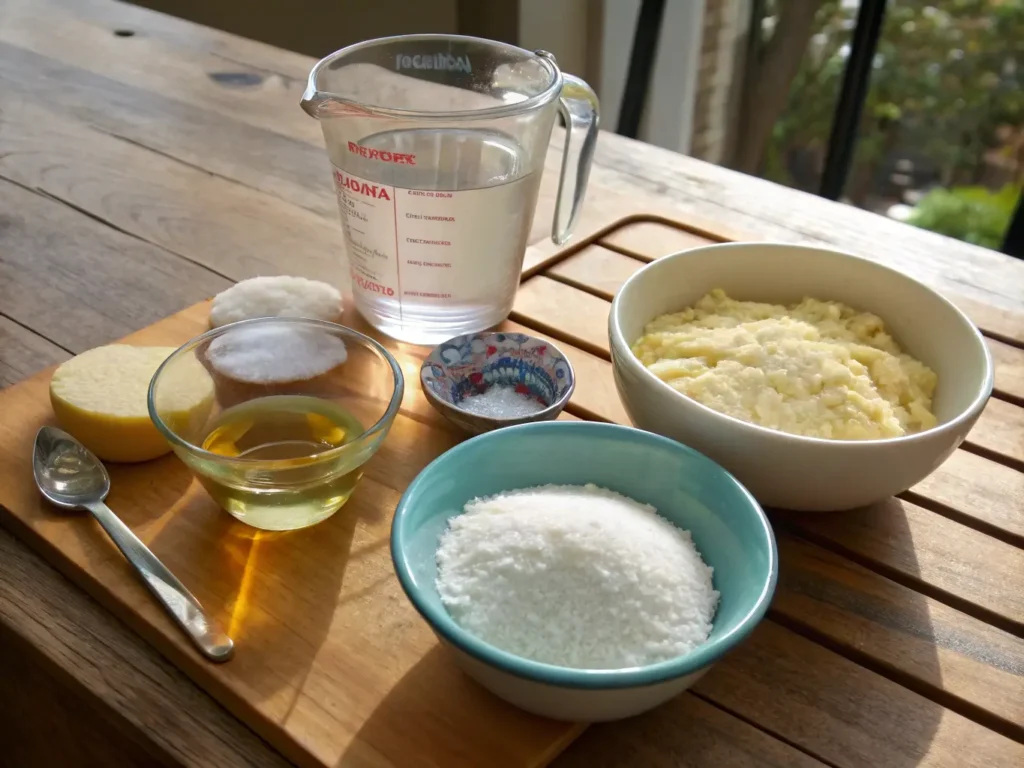 Ingredients for making arepas, including masarepa, water, and salt, arranged on a wooden countertop.