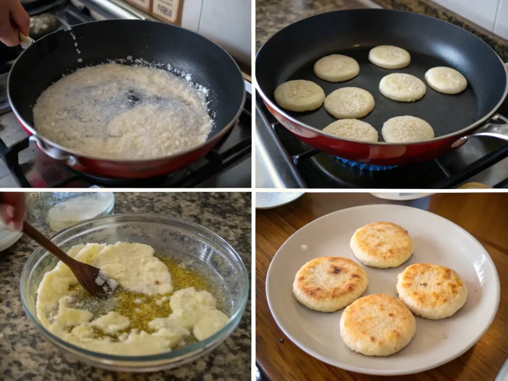 Step-by-step photos showing how to make arepas: mixing dough, shaping, cooking on the skillet, and serving.