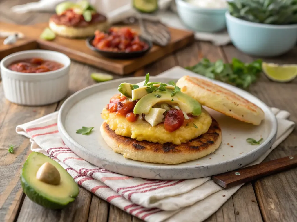 Golden-brown arepa served on a rustic wooden table with avocado, salsa, and cheese.