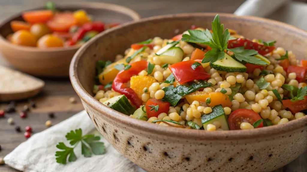 Fregola pasta with fresh vegetables