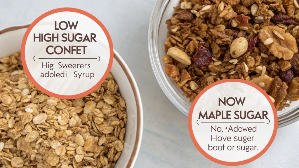 Two granola labels side by side comparing high-sugar vs low-sugar options
