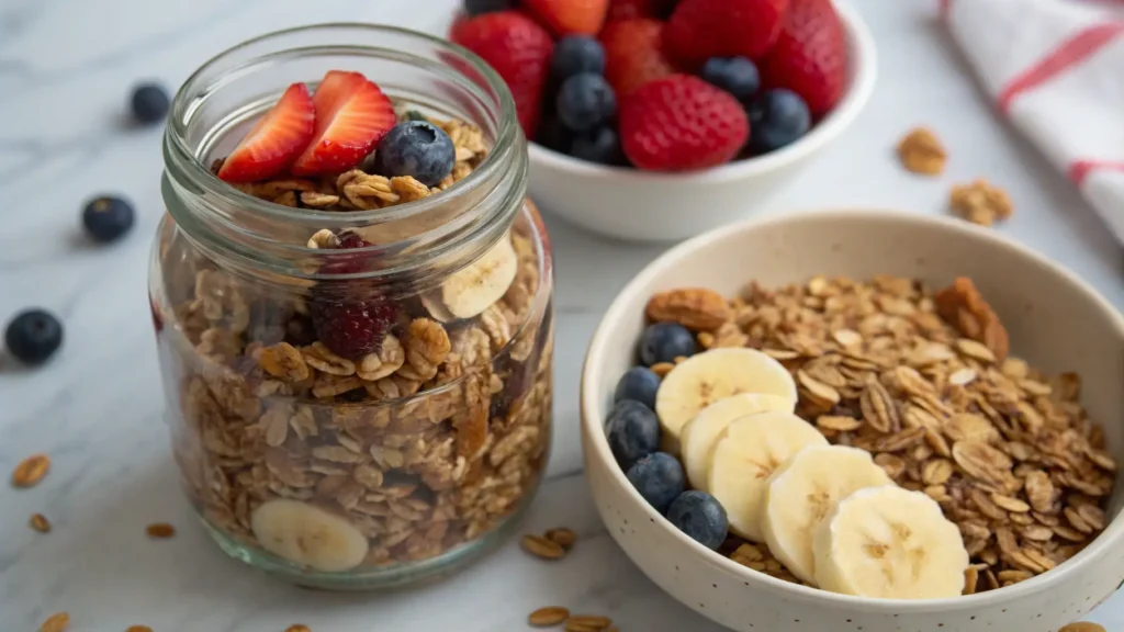 Close-up of granola clusters with oats, nuts, and seeds alongside a measuring spoon