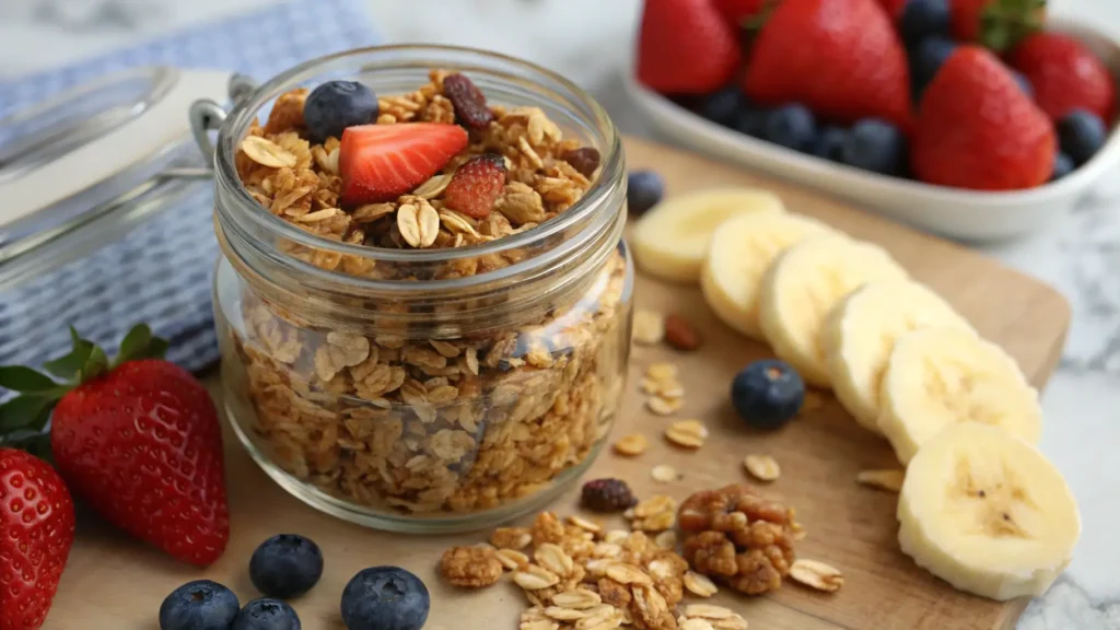 Homemade granola in a jar with fresh fruit like berries and banana slices