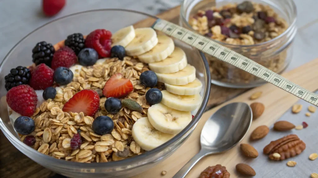 Bowl of granola with fresh fruit and a measuring spoon, showcasing low-sugar and healthy ingredients.