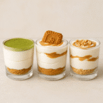 Three layered dessert cups with matcha, Biscoff, and protein cheesecake variations in clear glasses on a neutral background